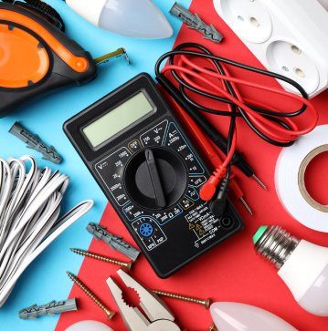 Concept of electrician or electrical tools, top view